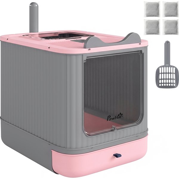 PawHut Geschlossene Katzentoilette M, Katzentoilette für mittelgroße Katzen, klappbarer Deckel, Frontöffnung, oberer Ausstieg, Schaufel, Geruchsbeutel, leicht zu reinigen, auslaufsicher, Rosa Aosom