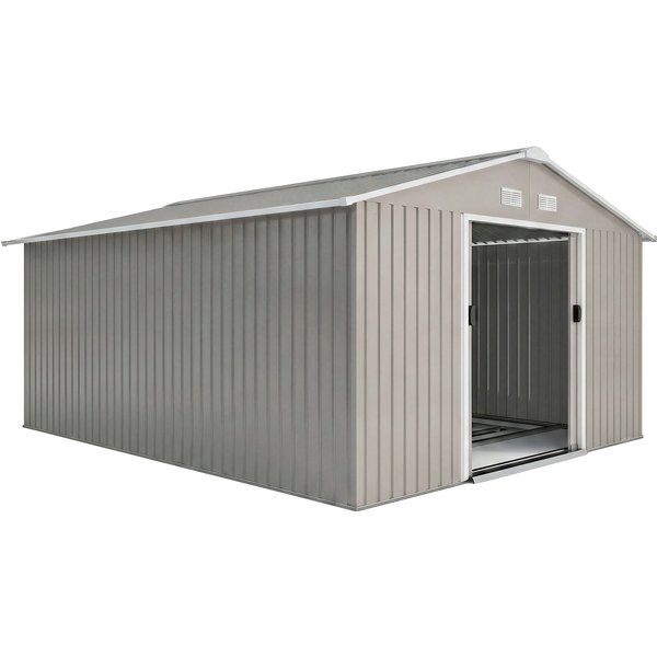 Outsunny 13 x 11ft Garden Metal Storage Shed Outdoor Storage Shed with Foundation Ventilation & Doors, Light Grey | Aosom Ireland