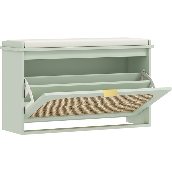 HOMCOM Schuhbank für Eingang, schmale Aufbewahrungsbank, gepolsterte Sitzfläche, Rattan-Tür, klappbares Schubfach und verstellbares Fach, Boho-Stil, für Flur und Eingangsbereich, 80 x 26 x 47,5 cm, grün Aosom