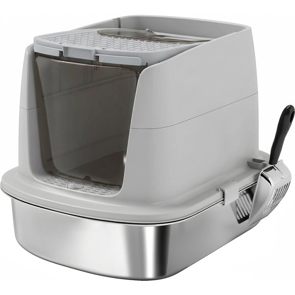 Pawhut LitièRe FerméE En Acier Inoxydable Avec Couvercle Basculant, Double Porte, Pelle, Gris Clair-image