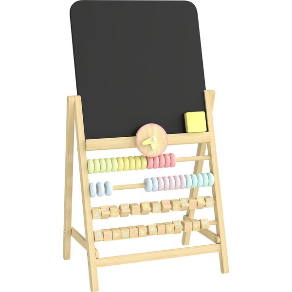 AIYAPLAY Abwischbare Kindertafel doppelseitig, Holztafel mit Staffelei, abnehmbare Uhr, integrierter Abakus, Schwamm, ab 2 Jahren, Holzfarben Aosom