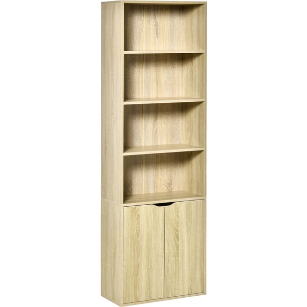 HOMCOM 6-stufiges Bücherregal, Aufbewahrungsmöbel, Bücherregal 59 x 29 x 180 cm mit 4 offenen Fächern und 2 Türen, Aufbewahrungsregal für Wohnzimmer, Schlafzimmer, Büro, Naturholz Aosom