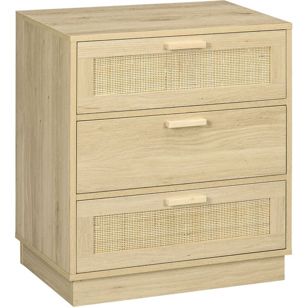 HOMCOM Kommode mit 3 Schubladen, Schlafzimmer-Aufbewahrungsmöbel im Boho-Stil mit Holzrahmen, Rattan-Kommode für Schlafzimmer, Wohnzimmer, Flur, Maße 60 x 38 x 69 cm, Naturholz Aosom