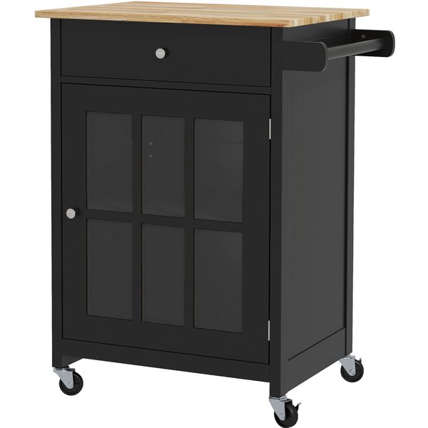 HOMCOM Küchenwagen mit Schublade, verstellbarem Fach, 4 Rollen und seitlichem Handtuchhalter, Arbeitsplatte aus Gummibaumholz, für Wohn- und Küche, 67x48x86.5 cm, Schwarz und Eiche Aosom