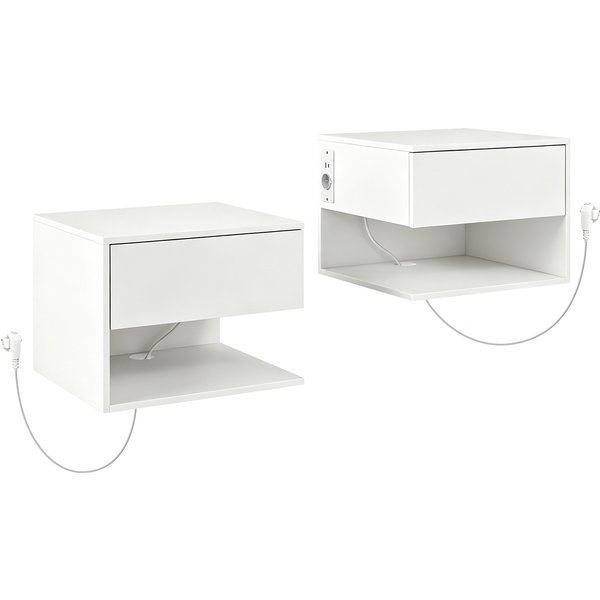 HOMCOM Set mit 2 hängenden Nachttischen fürs Schlafzimmer mit Steckdosen, Schublade und offenem Fach, modernes Nachttisch-Set, Beistelltische für Sofa, Wohnzimmer und Schlafzimmer, 40x35x30 cm, Weiß Aosom