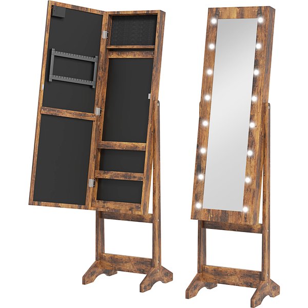 HOMCOM Schmuckschrank mit LED-Beleuchtung, Schmuckschrank mit Spiegel, für Schlafzimmer & Wohnzimmer, 36x30x136 cm, Rustikales Braun Aosom