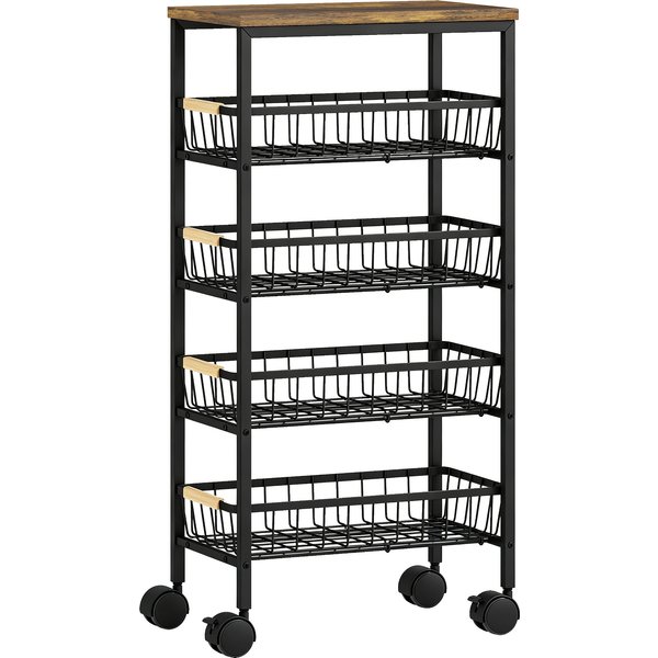 HOMCOM Beistellwagen auf Rollen, Küchenwagen mit 4 herausnehmbaren Körben, Belastung 15 kg, Metallrahmen, Holzgriffe, für Esszimmer, Wohnzimmer, Bad, 40x24x81,5 cm, Rustikales Braun Aosom