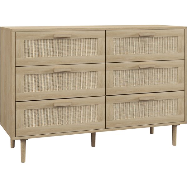 Homcom Commode 6 Tiroirs Meuble De Rangement Avec Tissage En Rotin Dim. 110L X 40L X 75H Cm Aspect Bois Clair-image