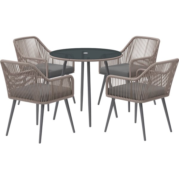 Outsunny 4 Seater Rattan Dining Set, Rattan Garden Furniture Set with Parasol Hole, Cushions, Glass Top Table for Patio, Balcony, Light Brown