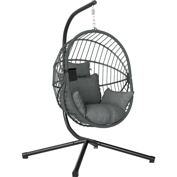 Outsunny Fauteuil œUf Suspendu, Chaise Hamac BalançOire IntéRieur Et ExtéRieur, Panier Pliable, Coussin Rembourré, Gris-image