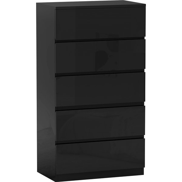 Homcom Commode 5 Tiroirs En Bois, Commode Pour Chambre Moderne Et Polyvalente, 55X34X100 Cm, Noir-image