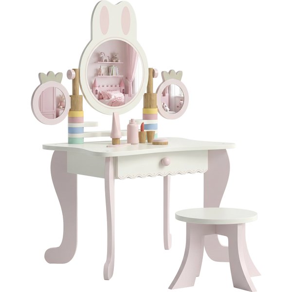 Aiyaplay Coiffeuse Enfants Avec Tabouret, 3 Miroirs Et 5 Accessoires, Poste De Maquillage Pour Fille Avec Tiroir, 3+ Ans, Rose-image