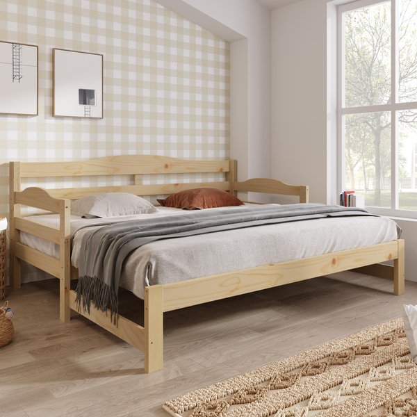 Stylish Cabin Bed with Pull-Out Trundle and Storage, Natural Finish Bed Frame with MDF Slatted Base, 196L x 187W x 73H cm, Natural Aosom UK