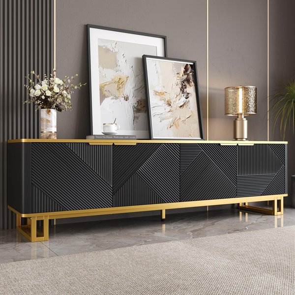 Modern TV Cabinet with 4 Geometric Embossed Doors and Open Top Shelf, Spacious TV Stand with Hidden Storage, 160L x 37.5W x 48H cm, Black Aosom UK
