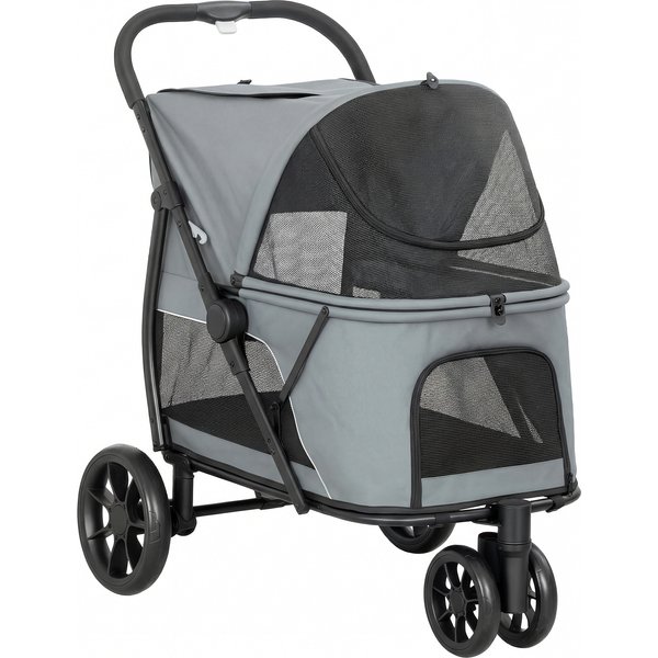 PawHut Dog Stroller, 3 Wheels Pet Stroller with Dual Entry, Easy One-Click Quick Fold, Mesh Windows, Washable Cushion | Aosom Ireland
