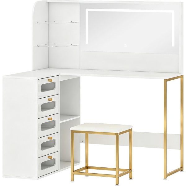 Homcom Coiffeuse De Maquillage Avec Miroir LumièRes LED Tabouret 5 Tiroirs 2 Compartiments Et 2 éTagèRes En Verre Blanc-image