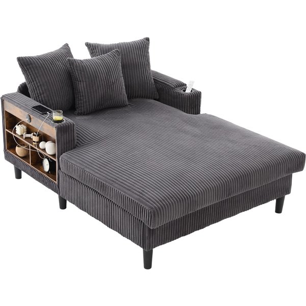 Multifunktionale Cord-Chaiselongue mit beidseitigen Getränkehaltern und klappbarer Armlehne, 129x170x70 cm, Dunkelgrau