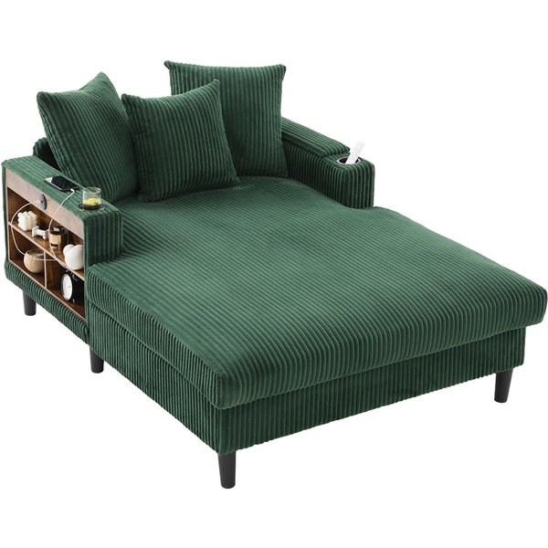 Multifunktionale Cord-Chaiselongue mit beidseitigen Getränkehaltern und klappbarer Armlehne, 129x170x70 cm, Grün
