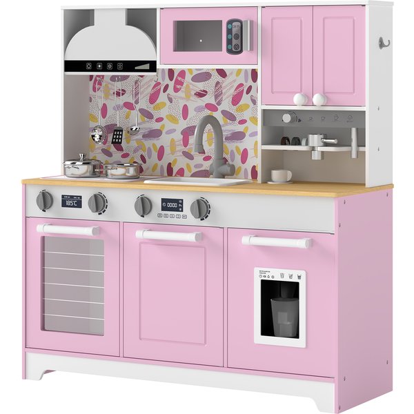 Aiyaplay Cuisine Jouet En Bois Avec Accessoires En Acier Inoxydable CafetièRe Machine à GlaçOns ÉVier Plaques Rose-image