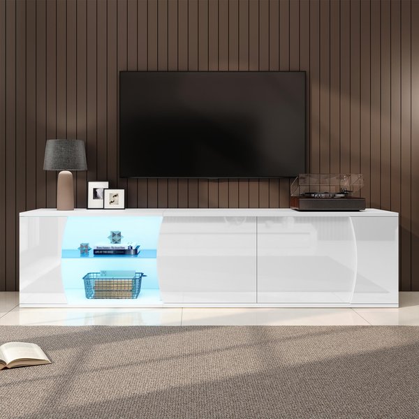 Freestanding TV Cabinet with LED Ambient Lighting and Tempered Glass Display, Modern Lowboard with 3 Doors, 180L x 40W x 45H cm, White Aosom UK