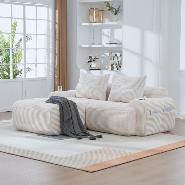 Modular 2-Seater Sofa with Foam-Filled Plush Seats, Beige Corduroy Couch with Built-In Cup Holder, 200L x 174W x 80H cm, Beige Aosom UK