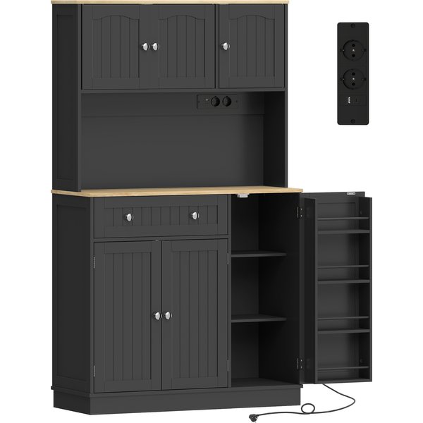 HOMCOM Hoher Küchenschrank mit Steckdosen und USB-Ports, Küchenschrank, 6 Türen, Arbeitsfläche, Gewürzhalter, Verstellbare Regale, Aufbewahrungsschrank für Wohnzimmer/Esszimmer, 100x40x173cm, Schwarz Aosom