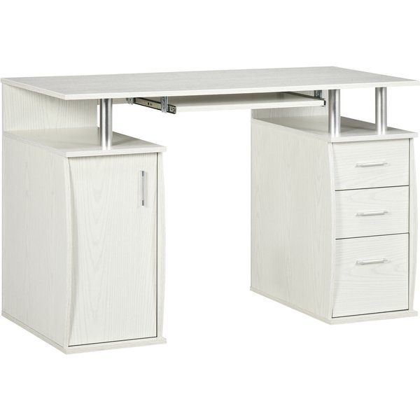 HOMCOM Computerschreibtisch, PC-Schreibtisch 120 x 55 cm mit Tastaturauszug, 3 Schubladen, Halter für PC-Gehäuse und offene Ablagen, für Schlafzimmer, Zuhause, weiß Aosom