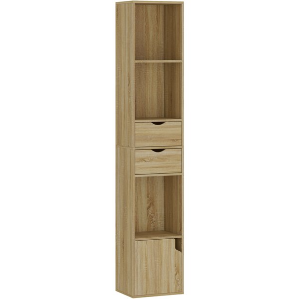 HOMCOM Regal mit 6 Fächern, schmales hohes Regal mit Schublade, Tür und offenen Regalböden, modernes Möbel für Wohnzimmer, Büro oder Schlafzimmer, 30 x 24 x 158 cm, Eiche Aosom