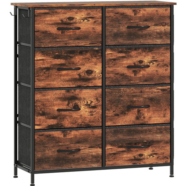 HOMCOM Kommode 8 Stoffschubladen, Aufbewahrungsmöbel mit 4 Taschen, 2 Haken, Stahlrahmen, Schrank für Wohnzimmer, Schlafzimmer, Flur, rustikabraun und schwarz Aosom