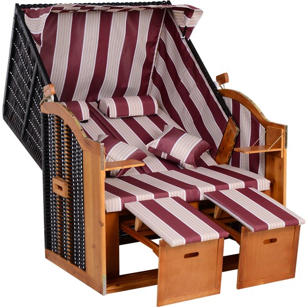 Outsunny Strandkorb Doppelte Sonnenliege mit Dach 5-stufige Rückenlehne Chaiselongue mit Getränkehaltern PE-Rattan Rot-Weiß 118x79x160cm für Garten & Balkon Aosom.de