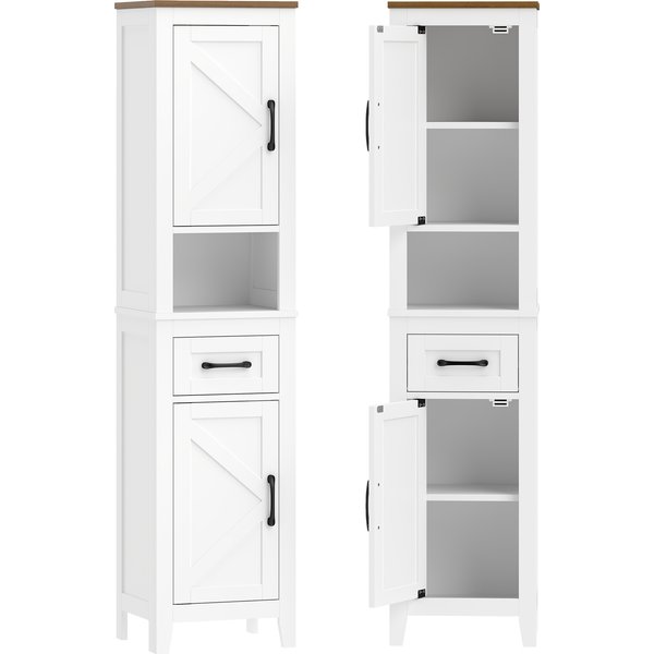 HOMCOM Hochschrank für Badezimmer, schmaler Badschrank mit Schublade, offenem Fach, Türen und verstellbaren Einlegeböden, rustikaler Stil, 34,5x30x148 cm, Weiß Aosom