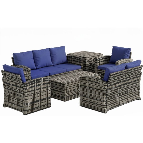 Outsunny 6 Pieces Rattan Garden Furniture Set, 7 Seater Wicker Outdoor Furniture Set with Storage Tea Table, Side Table, Cushions, Navy Blue