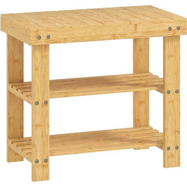 HOMCOM Schuhbank aus Bambus, Schuhregal mit 2 Ablagen und Sitzfläche, bis 136 kg, Sitzbank für Flur, Eingangsbereich, 50 x 28 x 45 cm, Natur Aosom