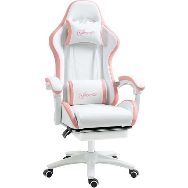 Vinsetto Ergonomischer Gaming-Stuhl aus PU-Leder und Stahl mit Kopfstütze und Höhenverstellung, Gaming-Sessel mit neigbarer Rückenlehne und Lendenkissen, 65x65x121-129 cm, Weiß und Rosa Aosom