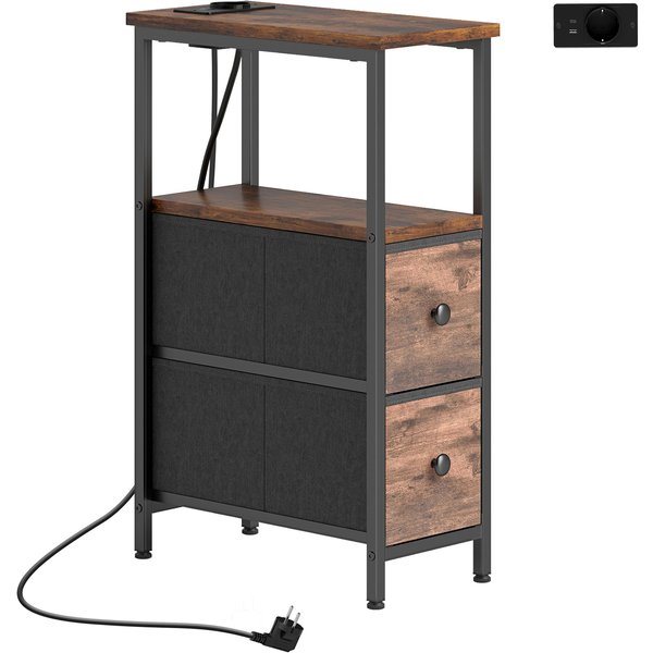 HOMCOM Couchtisch Beistelltisch mit Ladestation, Stahlrahmen, Schmal Wohnzimmertisch mit 2 Stoffschublade, offen Fach, Steckdose, 2 USB-Anschlüssen, Kaffeetisch für Wohnzimmer, Rustikal-Braun Aosom