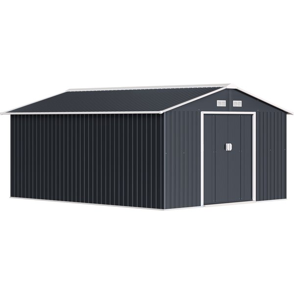 Outsunny Metal Garden Shed, Galvanised Steel Large Storage Shed with Foundation Frame Vents 13x11ft Grey | Aosom Ireland