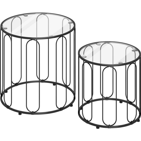 HOMCOM Runde Beistelltische für Wohnzimmer, 2-teiliges Satztisch-Set mit Metallrahmen und Glasplatte, Kleine Couchtische für Schlafzimmer, Schwarz Aosom
