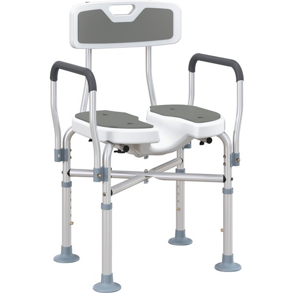 Homcom Chaise De Douche Avec Assise Fendue, Hauteur RéGlable, AntidéRapante, Dossier Et Accoudoirs, Charge 136 Kg, Gris-image