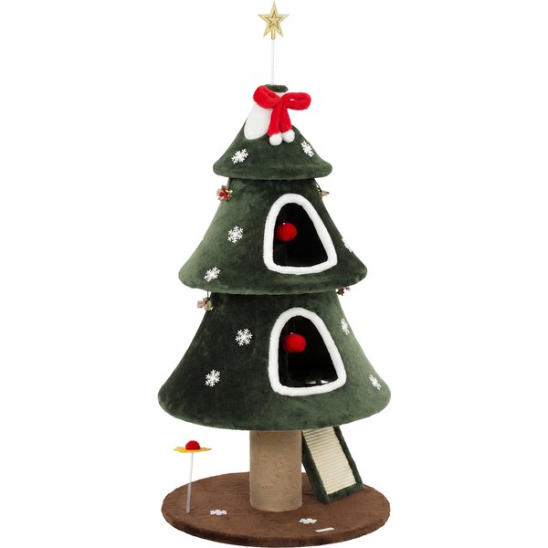 PawHut Arbre à Griffer De NoëL Pour Chats, 2 Niches, ÉChelle En Sisal, Poteaux En Jute Et Boules, 60X60X132 Cm, Vert-image