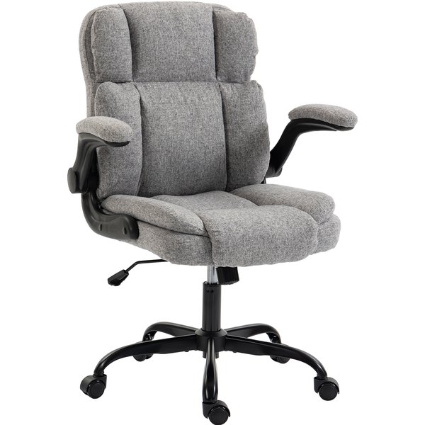 Homcom Chaise De Bureau Pivotante Avec Accoudoirs Rabattables, Hauteur RéGlable, Bascule En Tissu Effet Lin, Gris-image
