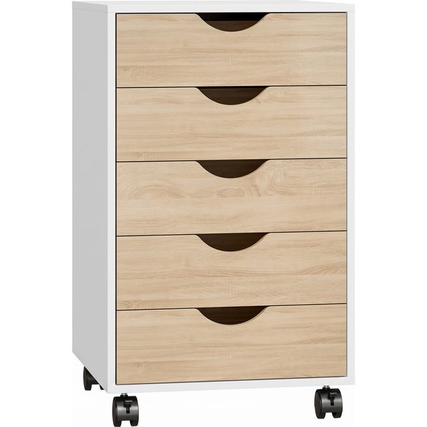 Homcom Caisson De Bureau à Roulettes Et 5 Tiroirs, Classeur Mobile, Pour Bureau, Salon 40X40X67 Cm Blanc Et Naturel-image