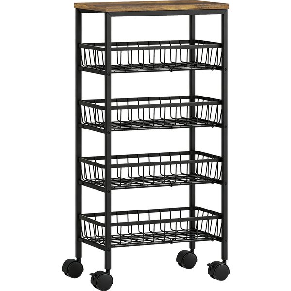 Homcom Chariot De Service à Roulettes 4 Niveaux, Chariot De Cuisine Avec 4 Paniers Coulissants, Chariot De Rangement Sur Roulettes Pour Cuisine-image