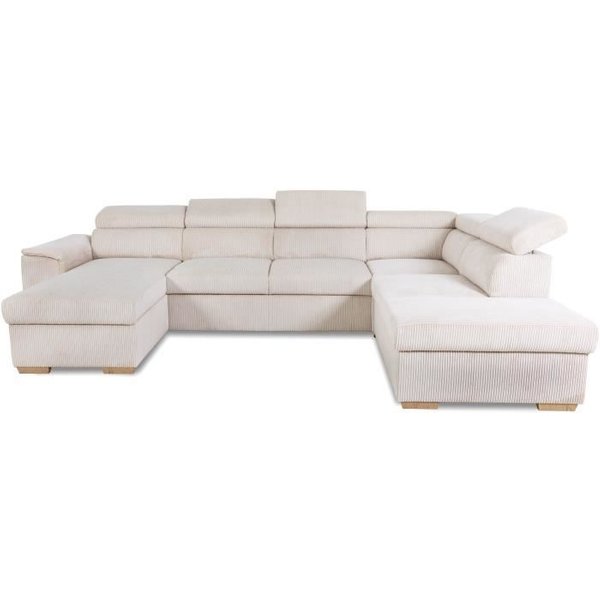 Canapé D'angle Convertible Panoramique 5 A 6 Places Daytona - Velours CôTelé Beige - Avec Coffre - L 326 X H 94 X P 216 Cm-image