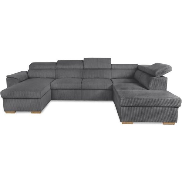 Canapé D'angle Convertible Panoramique 5 A 6 Places Daytona - Velours CôTelé Anthracite - Avec Coffre - L 326 X H 94 X P 216 Cm-image