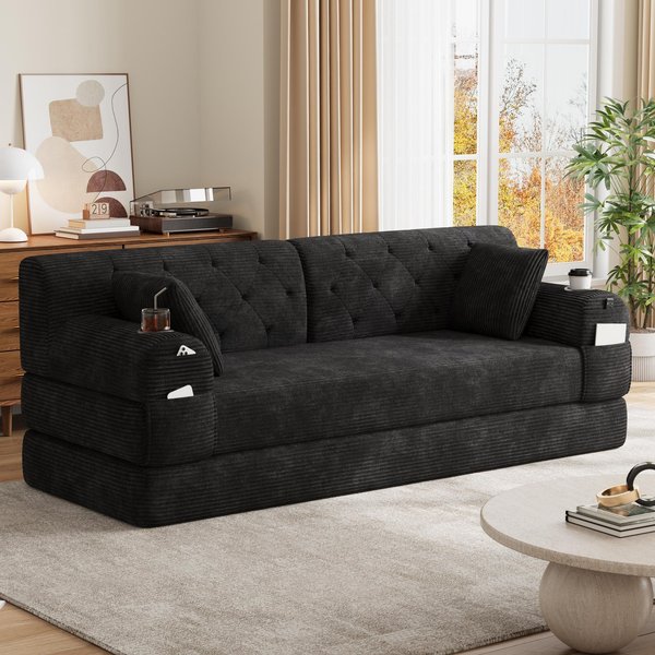 Cozy Sleeper Sofa with High-Density Foam and Soft Corduroy, Convertible Couch for Living Rooms and Small Spaces, 208L x 80W x 81H cm, Black Aosom UK