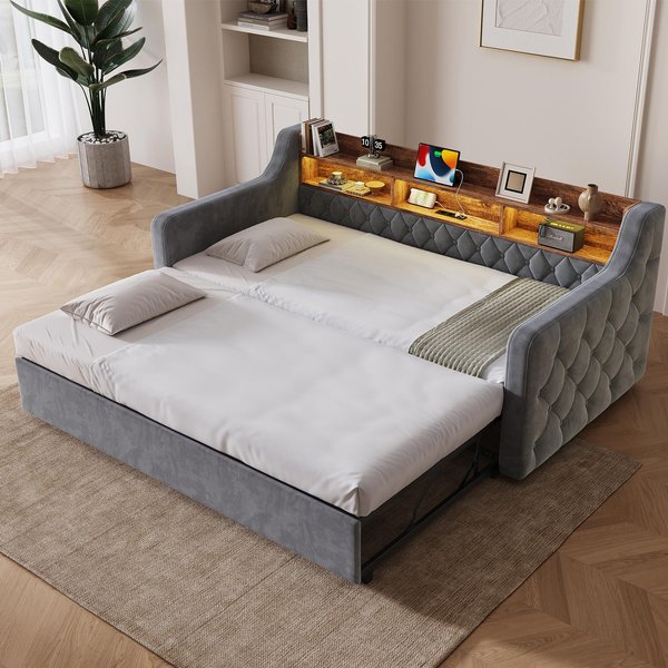 90x190 cm Sofa Bed with Velvet Upholstery, 2-in-1 Space-Saving Daybed for Modern Homes, 201L x 107W x 80H cm, Dark Gray Aosom UK
