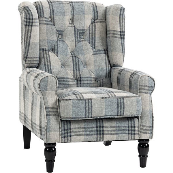 HOMCOM Faux Linen Armchair with Thick Spring Cushion, Wingback Accent Chair with High Back, Solid Wood Legs, Mixed Plaid | Aosom Ireland