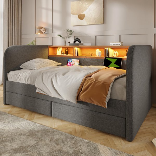 Upholstered Daybed with USB & Type‑C Charging, Storage Headboard Single Bed for Contemporary Bedrooms, 197.5L x 107W x 70H cm, Grey Aosom UK