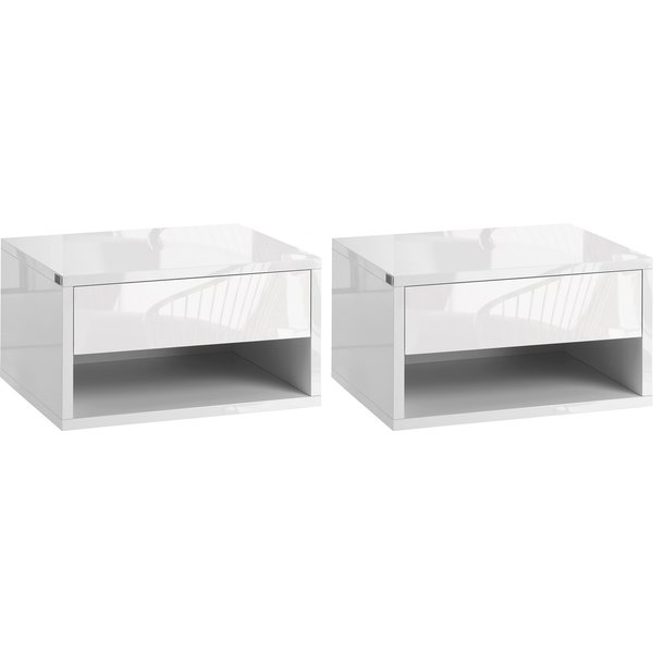HOMCOM 2 Pieces Bedside Table Wall Mounted Nightstand with Drawer and Shelf for Bedroom, 37 x 32 x 21cm, High Gloss White | Aosom Ireland
