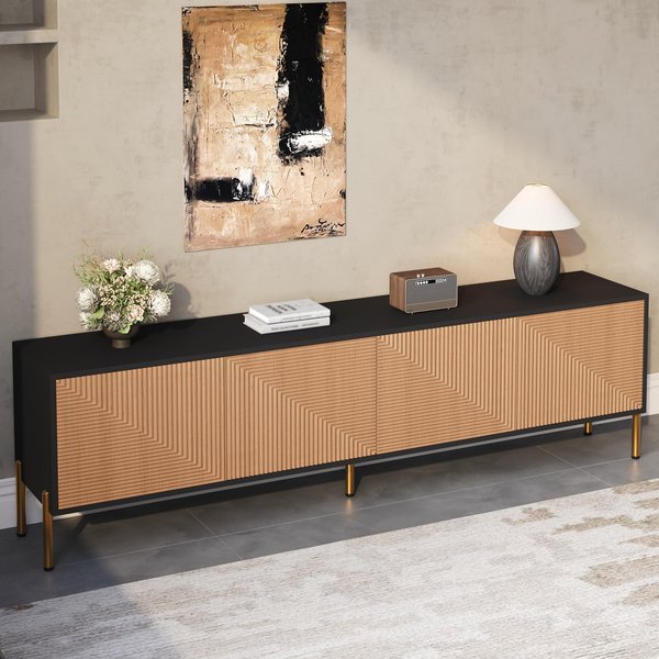 Spacious TV Cabinet with 4-Door Concealed Storage, Practical TV Stand for Dining Rooms and Living Rooms, 179L x 35W x 53.5H cm, Black+Wood Aosom UK
